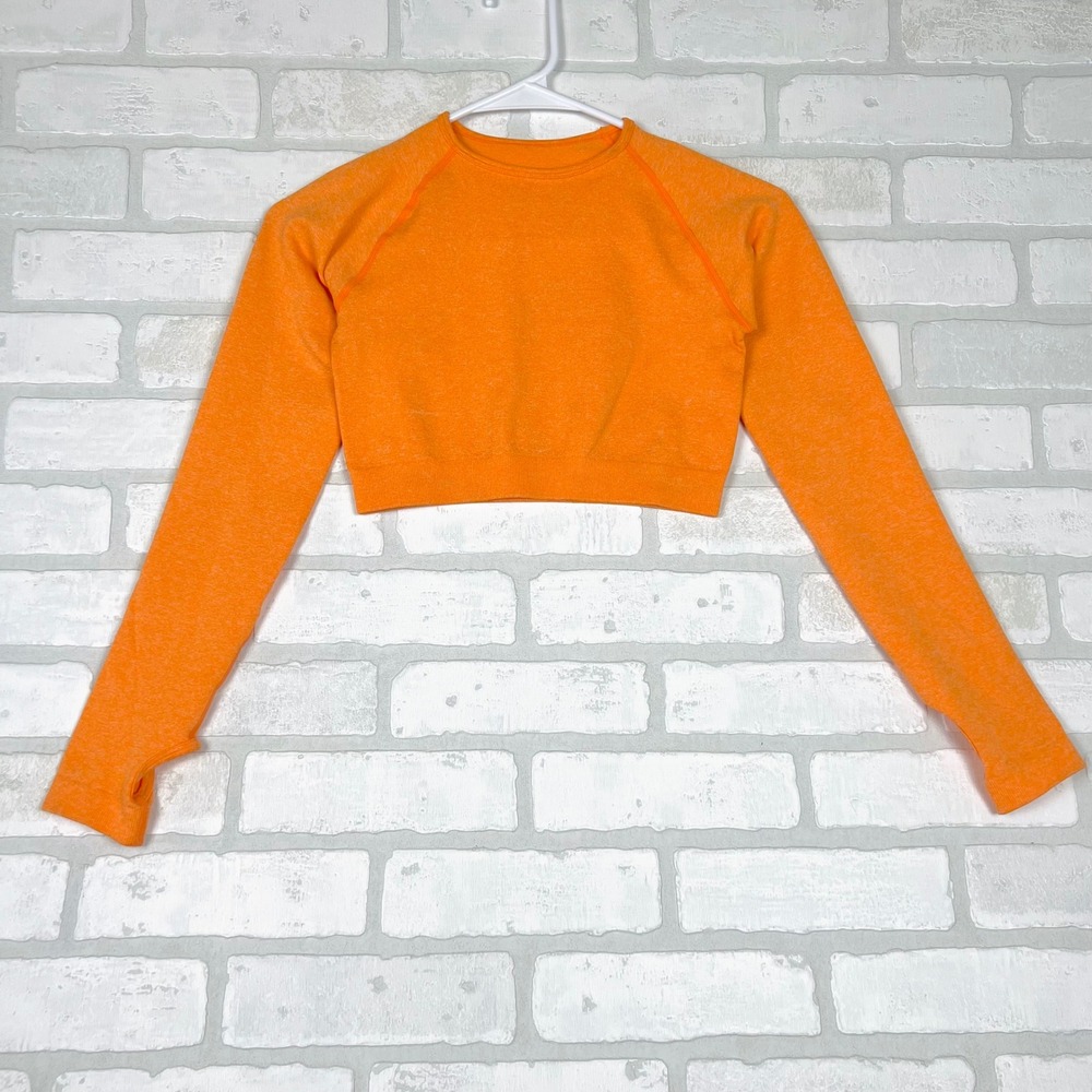 Orange Seamless Long Sleeve Crop Top Activewear Gym Shirt with Thumbholes Small
